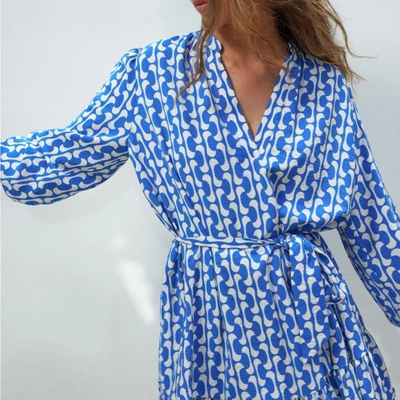 Zara Blue Preppy Patterned Blue Wrap Tie Dress - Size M - Picture 1 of 8